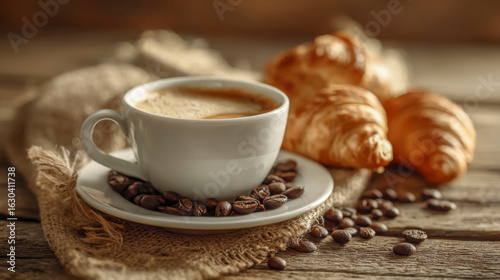 Freshly brewed coffee in a white cup sits on a rustic wooden table surrounded by coffee beans and flaky croissants, evoking a cozy breakfast atmosphere