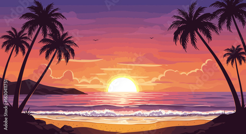 A scenic illustration of a tropical beach at sunset, featuring silhouettes of palm trees, colorful skies, and gentle waves.
