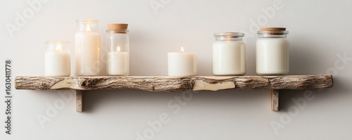 Burning Candles in Glass Jars on Rustic Wooden Shelf, Home Decor , Candles
