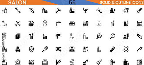 Set of 55 Salon Icons, Solid & Outline Vector Illustrations for Beauty and Hairdressing Services,These icons include items like combs, hairdryers, scissors, makeup, shampoo bottles, and more