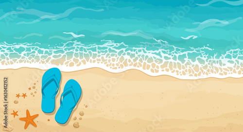 A serene beach scene featuring turquoise water, foamy waves, a sandy shore, blue flip-flops, and starfish.
