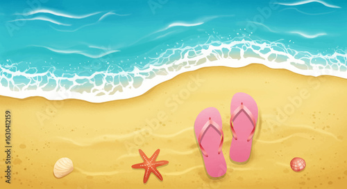 A beach scene with a pair of pink flip-flops, a seashell, a starfish, and a small round object on the sand near the water.
