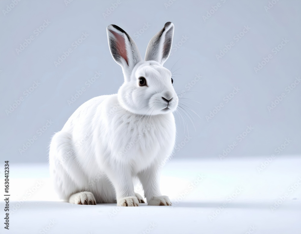 Obraz premium Adorable white rabbit sitting on a clean light gray surface with a soft shadow and minimal background, showcasing fluffy fur and alert expression in studio light