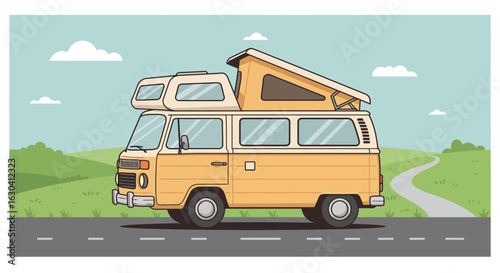 A vintage campervan drives along a road.
