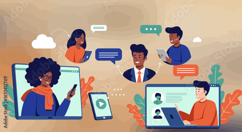 An illustration depicts various people communicating with each other online through laptops, tablets, and phones with speech bubbles connecting them.
