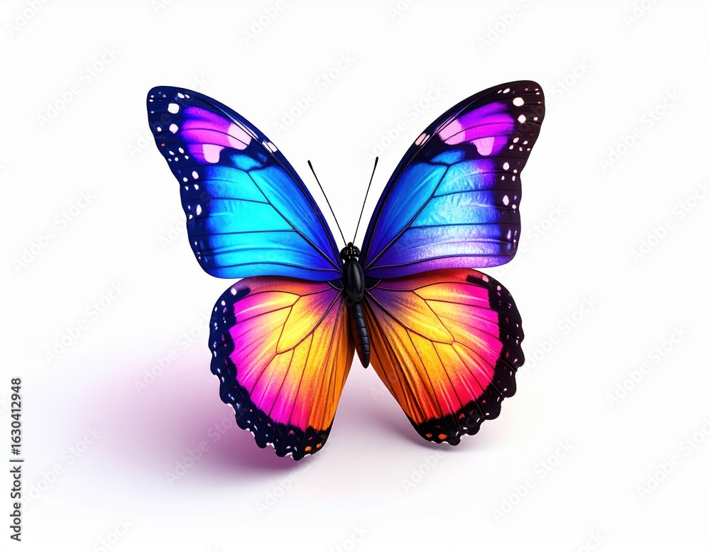 Fototapeta premium Vibrant butterfly with colorful wings displaying a gradient of blue purple and pink hues on a white background, detailed close-up of butterfly anatomy and wing pattern