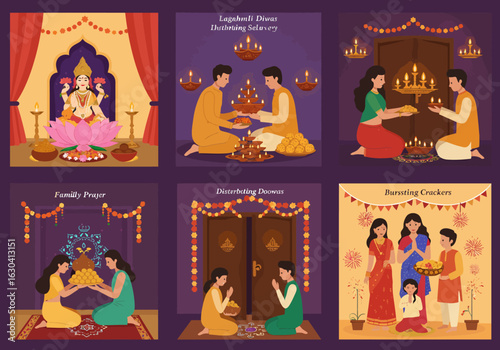 Illustrations set of Indian family celebrating Diwali, the Hindu festival of lights, with traditional Lakshmi pooja, diyas, and prayers.