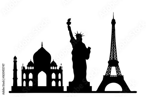 World Monuments Silhouette Vector – Eiffel Tower, Statue of Liberty, Taj Mahal