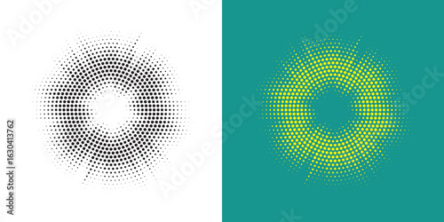 Set of black halftone grunge circle. Vector modern dots halftone arts. Halftone circle frame background set. Round border Icon using halftone random circle. Grunge circular stain. Vector illustration.