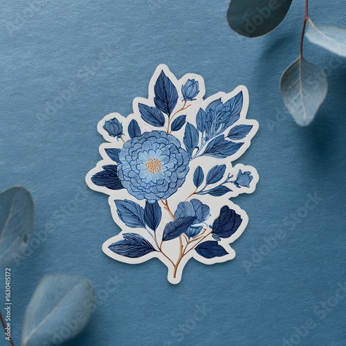 Blue flower sticker rests on a blue textile with plant leaves in the background
