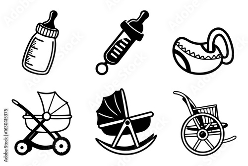 Baby Essentials Collection Bottles Stroller and Wheelchair Icons.