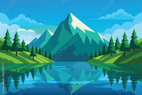 Snowy Mountain Peak and Lake Vector

