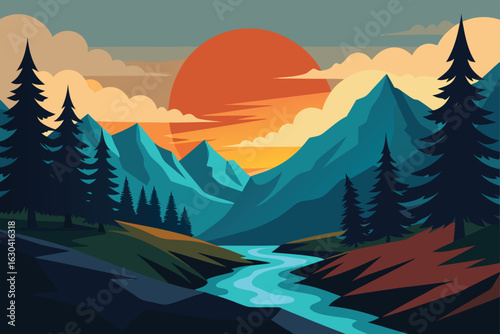 Twilight Mountain Scene with River Vector

