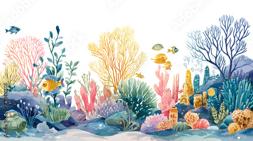 Fototapeta Naklejka Na Ścianę i Meble -  Watercolor seabed landscape with cartoon sea characters, submarine, seaweeds, plants, coral reef, sea sponges and small fishes. Panoramic hand drawn marine border for your design cover or cute mural. 