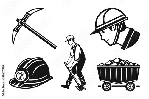 Mining Industry Icons Miner Pickaxe Helmet and Cart.