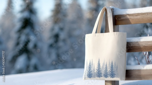 A serene winter scene featuring a tote bag hanging on a wooden fence amidst snow-covered trees