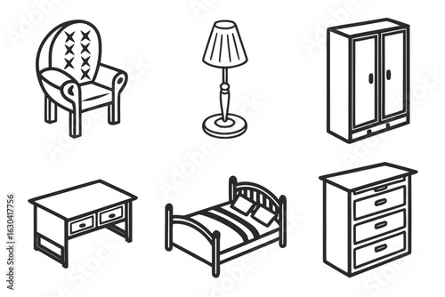 Set of Isometric Line Art Furniture Icons.