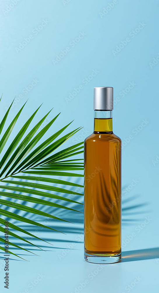 Fototapeta premium Amber liquid in glass bottle with silver cap beside green palm frond image