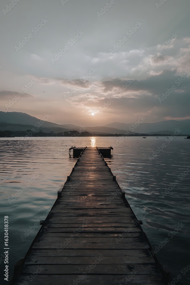 Fototapeta premium Wooden pier extending into tranquil water at sunset.