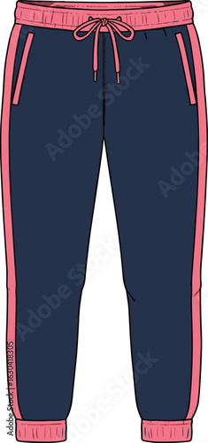 Navy blue jogger pants with pink side stripes and drawstring waist, casual athletic trousers for workout, gym or streetwear