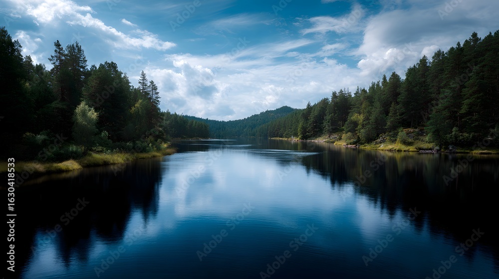 Obraz premium Serene lake reflecting the surrounding forest landscape