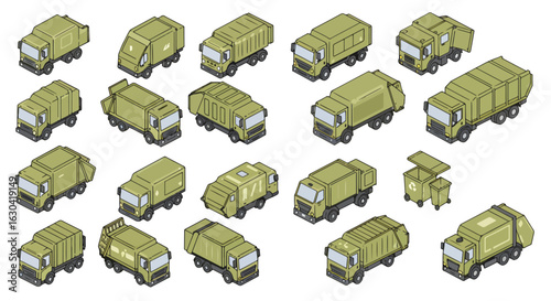 Isometric garbage trucks collection for urban planning and waste management designs, showcasing various recycling trucks for sanitation and environmental campaigns