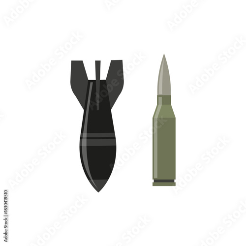 Military bomb and rifle bullet armament icon set vectors on a white background