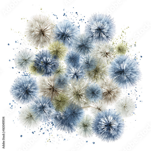 A cluster of textured, round objects in muted pastel colors