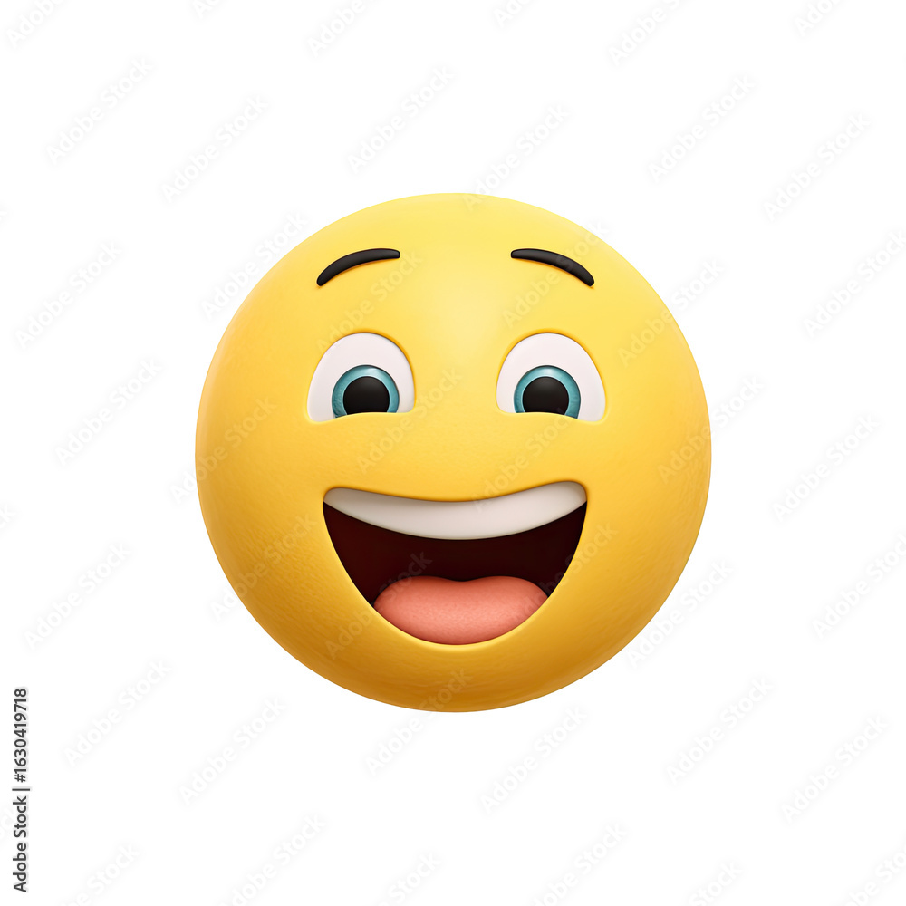 Fototapeta premium Round yellow emoji face with a wide, happy smile. Large, expressive eyes and a visible mouth. 3D style, clear and cheerful