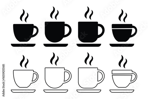 Minimalist Coffee and Tea Cup Icon Set – Vector Silhouettes of Disposable and To-Go Drink Containers.