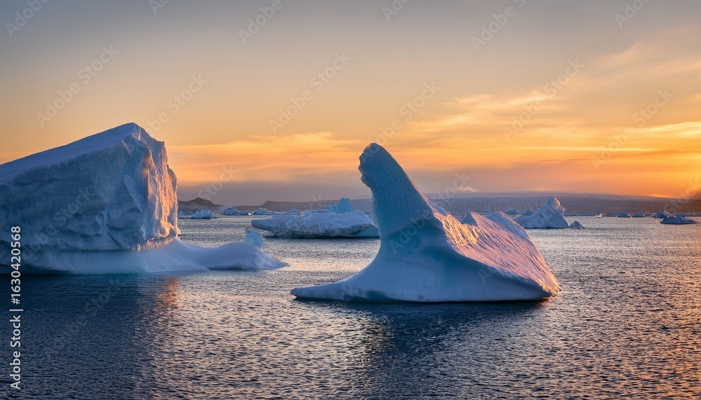 Fototapeta premium stunning icebergs float serenely in tranquil waters under soft sunset glow