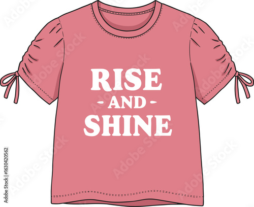 Trendy pink girls t-shirt with "Rise and Shine" quote, ruched short sleeves and bows, perfect for casual summer wear
