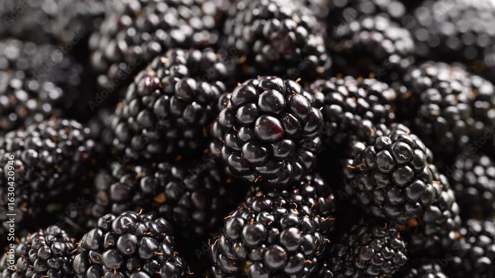 Slow-mo blackberries rain onto fresh berry mound. Juicy close-up showcases plump texture and harvest-day freshness. Food promo. Slow-mo blackberries rain onto fresh berry mound. Juicy close-up showcases plump texture and harvest-day freshness. Food promo.