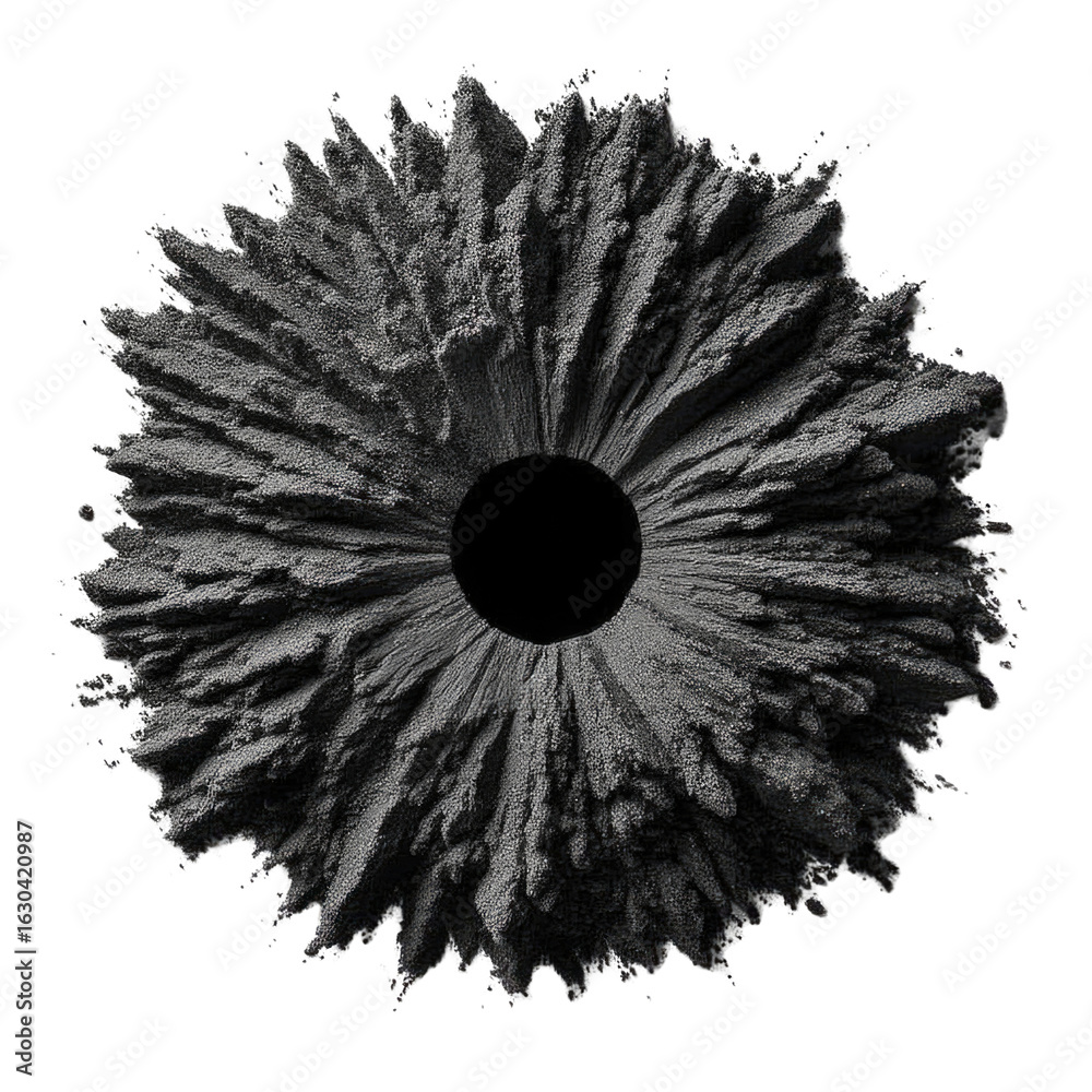 Obraz premium Abstract black powder explosion with radial symmetry showcasing fine details and intricate textures for creative design projects