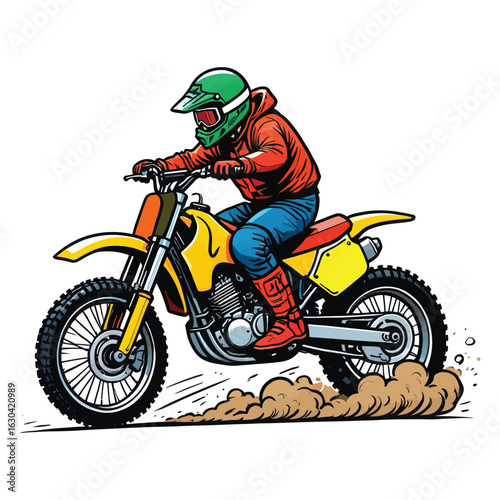 Stylized Motocross Rider Performing a Wheelie Illustration of a Dirt Bike Rider in Action with Dust and Debris Trails