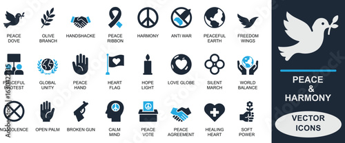 
Minimal peace and harmony icon set. Featuring dove, harmony, unity, love, and nonviolence concepts. Perfect for campaigns, UI, education, freedom, and global awareness projects.