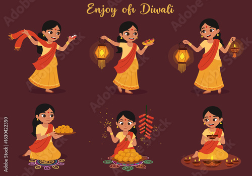 Collection of an Indian girl celebrating the Diwali festival. Character set showing festive activities like lighting lamps, holding sweets, and playing with firecrackers.