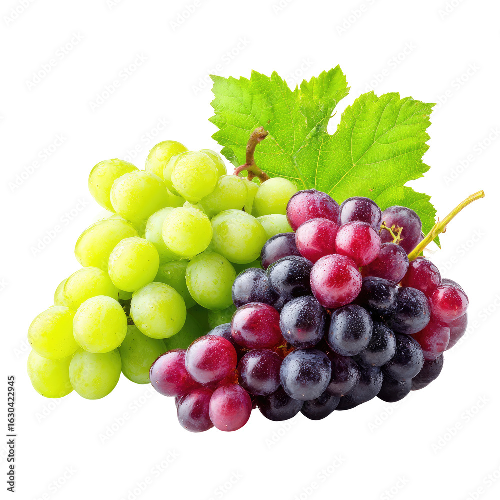 Fototapeta premium Fresh green and red grapes with leaves