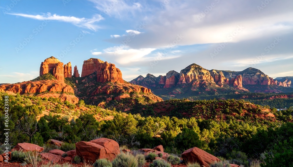 Fototapeta premium Majestic red rock formations of Sedona bathed in the warm glow of early morning light