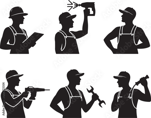 Silhouettes of construction workers using tools for various projects