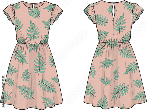 Floral leaf print pink girls dress, flutter sleeves, round neck, stylish summer outfit, cute kids wear, front and back view