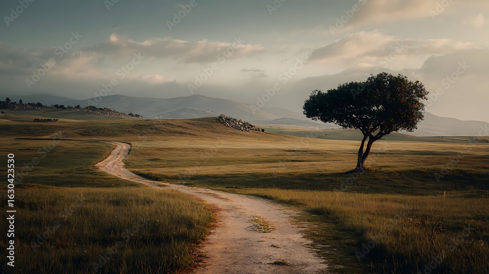 Obraz premium A winding dirt road through a vast grassy plain, leading to a solitary tree under a cloudy sky.