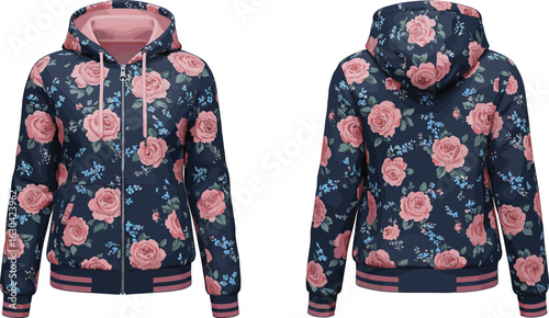Floral printed zip-up hoodie with drawstring hood and ribbed cuffs, CAD flat sketch, front and back vector fashion illustration