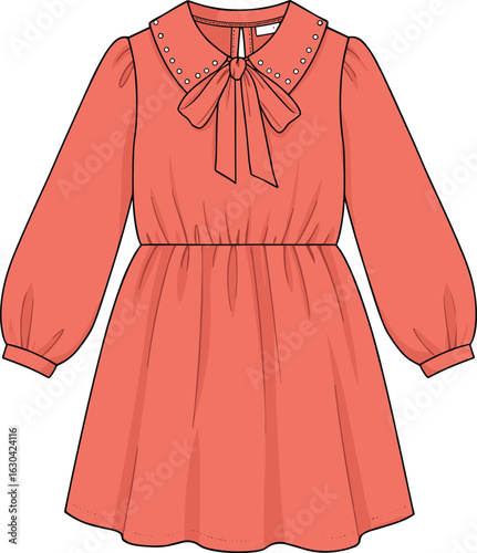 Coral long sleeve girl dress with bow tie and embellished collar, CAD flat sketch, fashion vector front view illustration