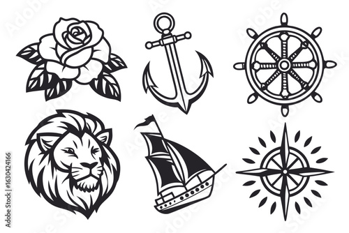 Nautical and Floral Tattoo Style Icons.