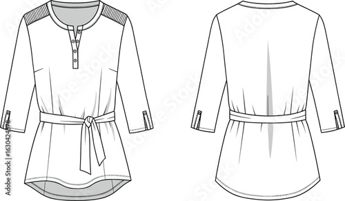 Flat CAD vector illustration of belted women’s blouse with button placket, shoulder yoke detail, cuffed sleeves, and curved hem design
