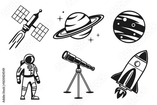 Space Exploration Icons Astronaut Rocket Planets Telescope Satellite.
