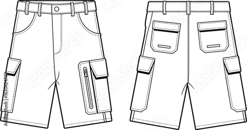 Cargo Shorts Technical Drawing Front Back View, Belt Loops Detail, Button Closure, Flap Pockets, Side Zipper Cargo Compartment, Fashion Flat Sketch, Apparel Design Template.