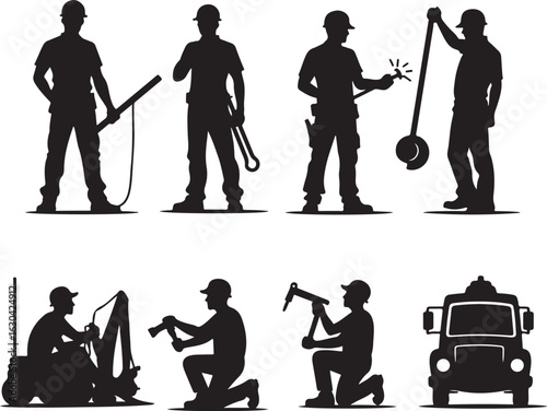 Construction workers and equipment silhouettes in bold black