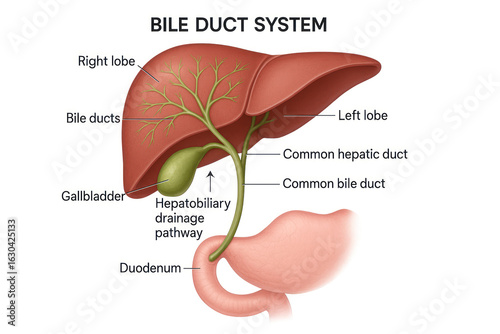 Bile Duct System Anatomy Illustration: Liver, Gallbladder, and Duodenum (Illustration)